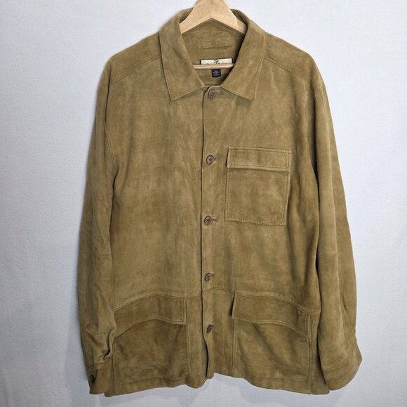 Vtg Tommy Bahama Jacket Mens Large Tan Brown Suede Button Chore Barn Pockets - Picture 1 of 9